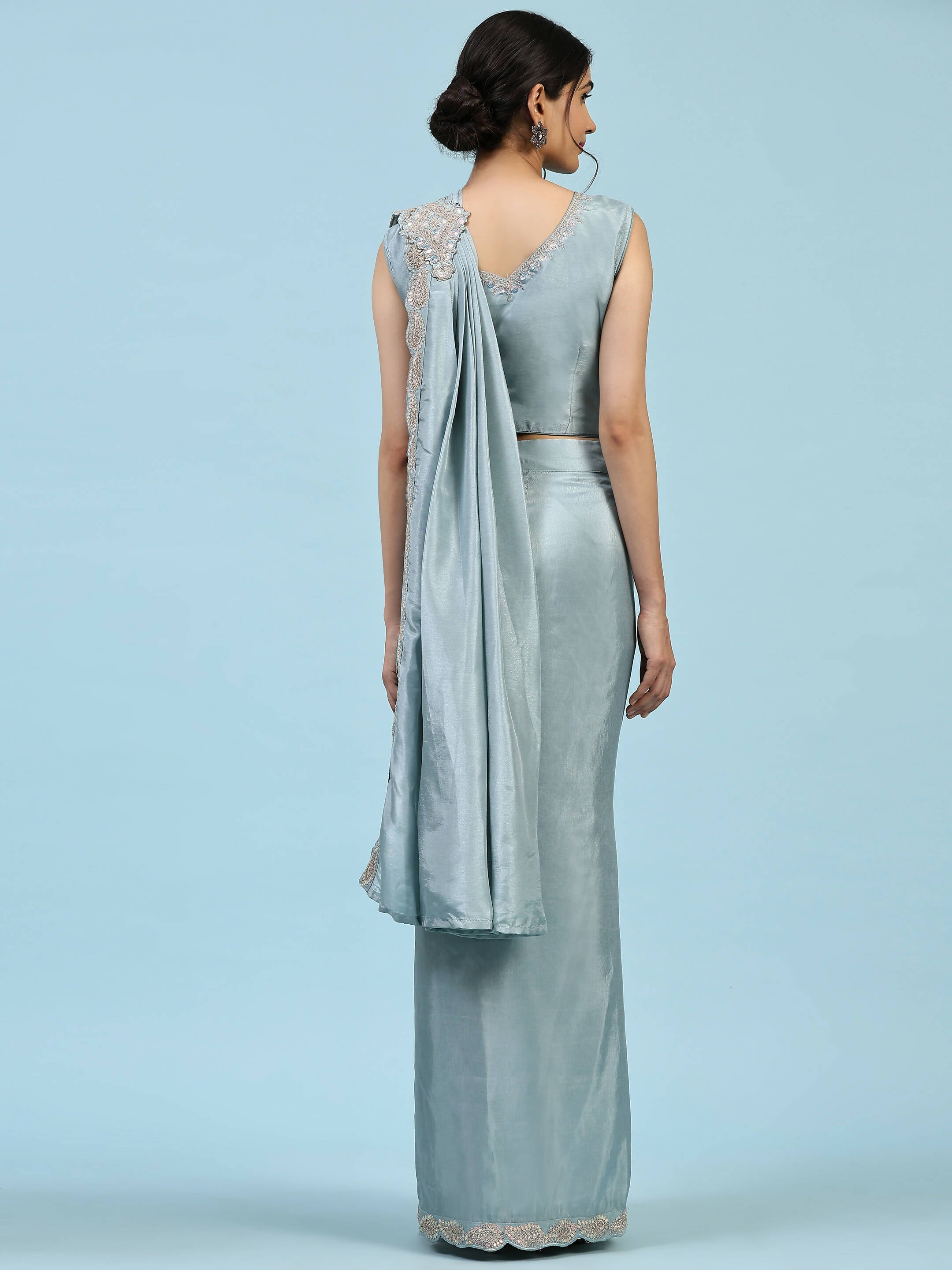 Sky Blue Silk Satin Plain Ready to wear Saree with stitched Blouse - Vrinda