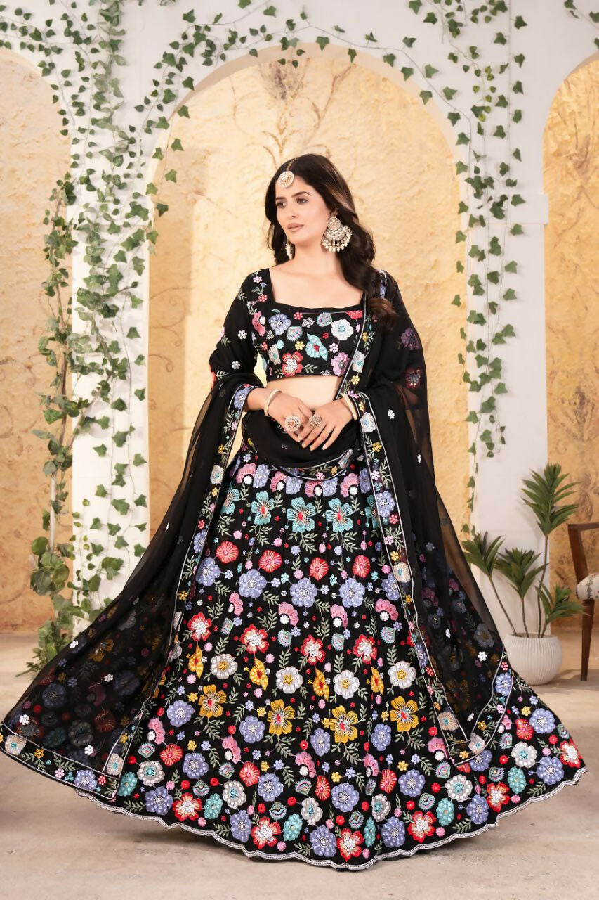 Eilara Flower Designer Black Lehenga For Reception