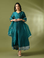 Myshka Women's Teal Solid Silk Anarkali Party Kurta With Dupatta