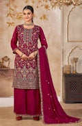 Anaita Maroon Vichitra Silk Readymade Palazzo Suit with Embroidery & Lace Work - Distacart