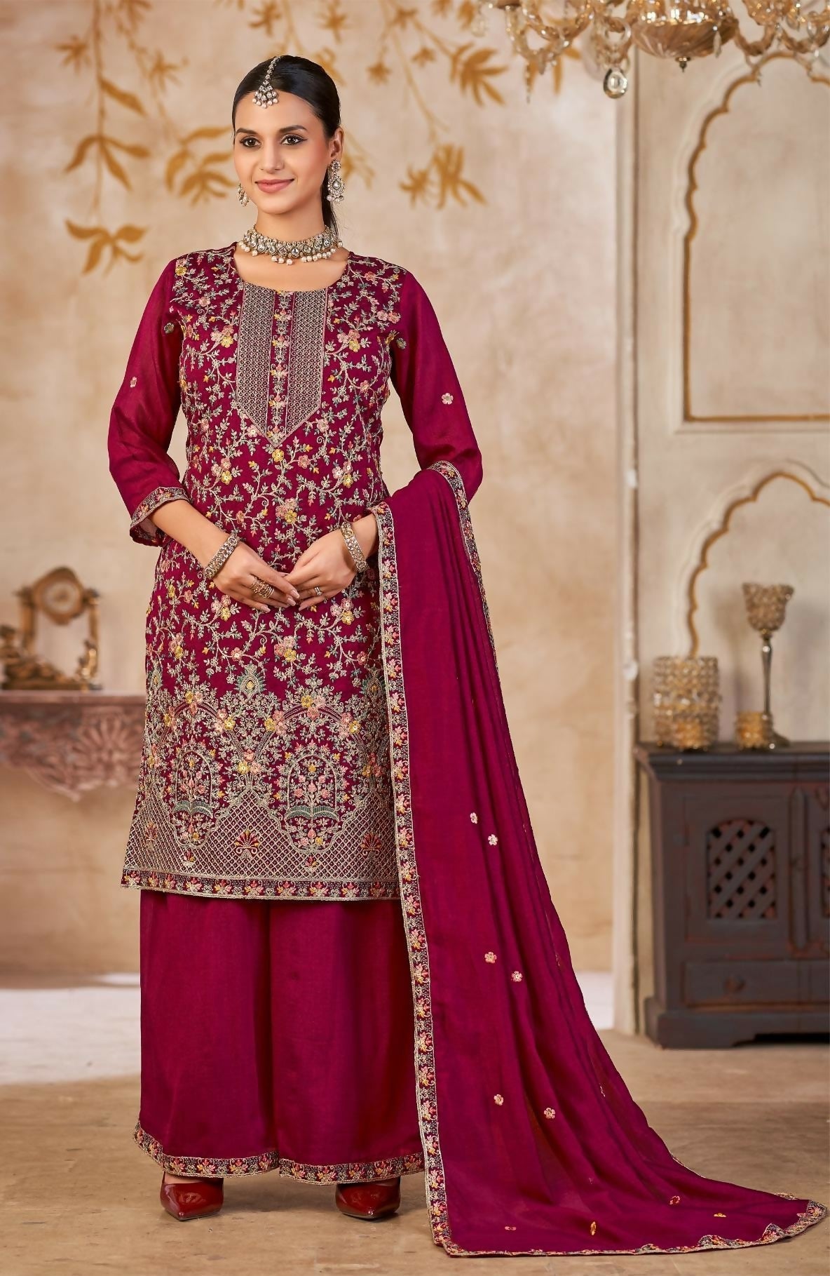 Anaita Maroon Vichitra Silk Readymade Palazzo Suit with Embroidery & Lace Work - Distacart