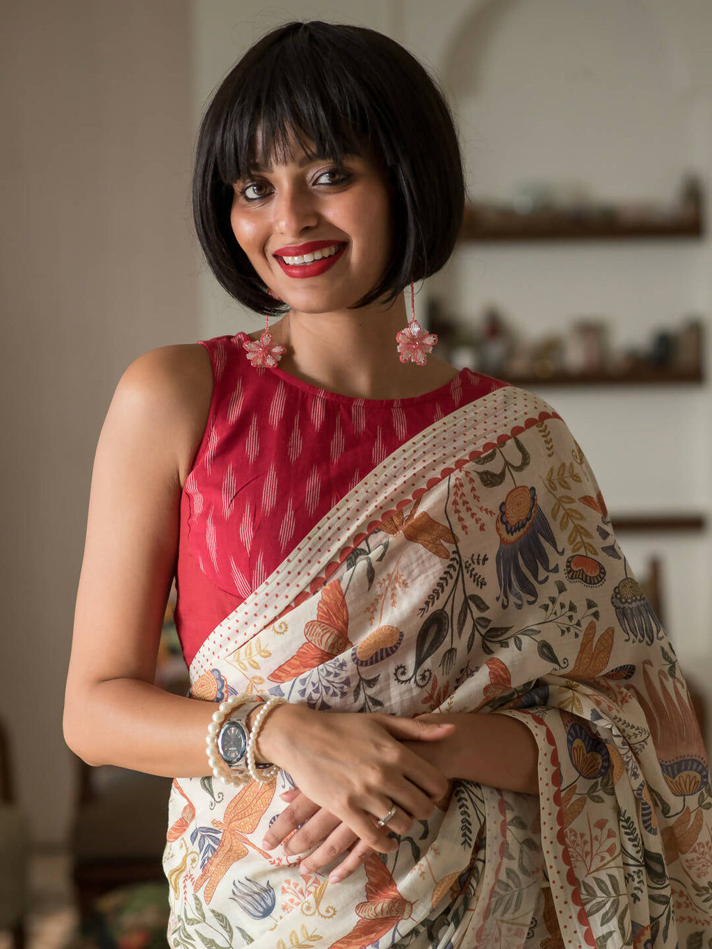 Suta Beige Floral Pure Cotton Saree