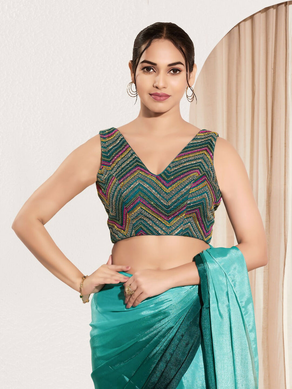 Joban Fashion Cobalt Blue Net Padded Blouse With V Neck Sleeveless - Distacart