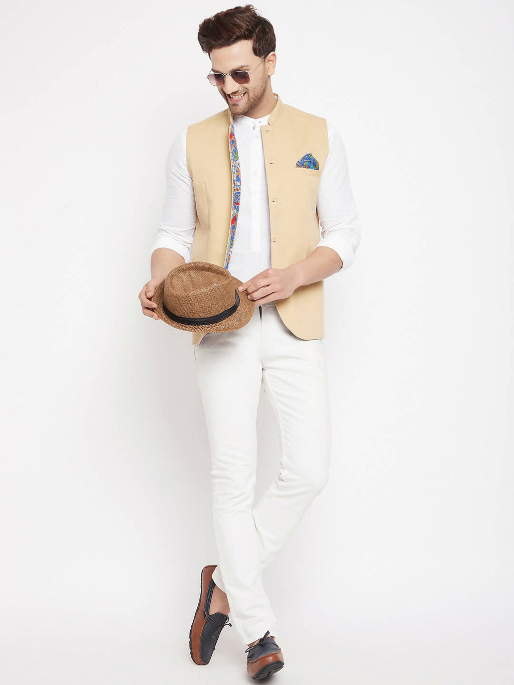 Even Apparels Beige Polyester Men's Nehru Jacket-Contrast Lining-Inbuilt Pocket Square - Distacart