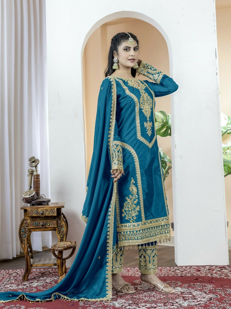 Teeya Creation Morepich Color Chinnon Silk Embroidery Work Fully Stitched Salwar Suit - Distacart