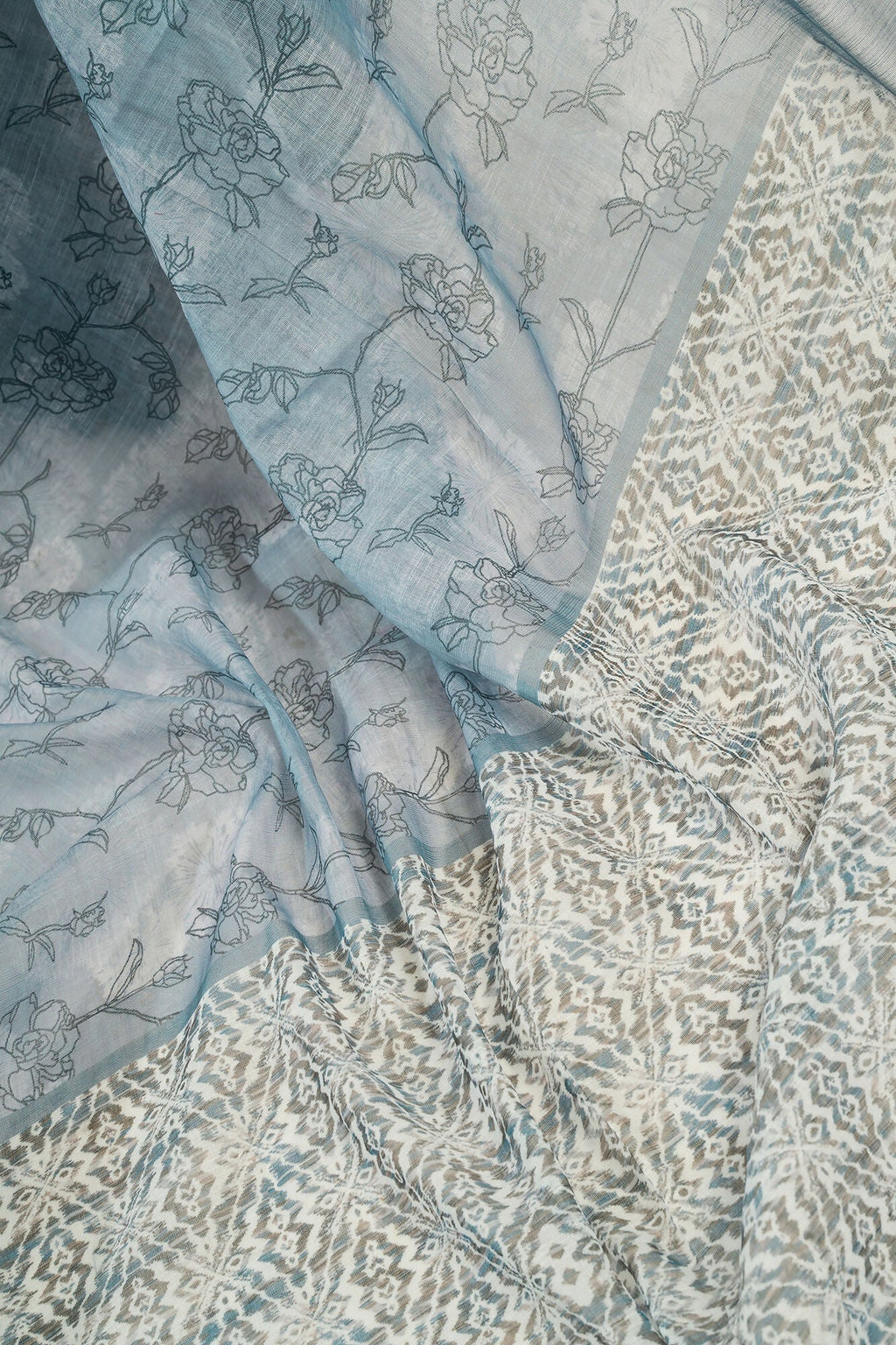 Vastranavya Sea Blue Digital Printed Linen Ready To Wear Designer Saree with Unstitched Blouse - Distacart