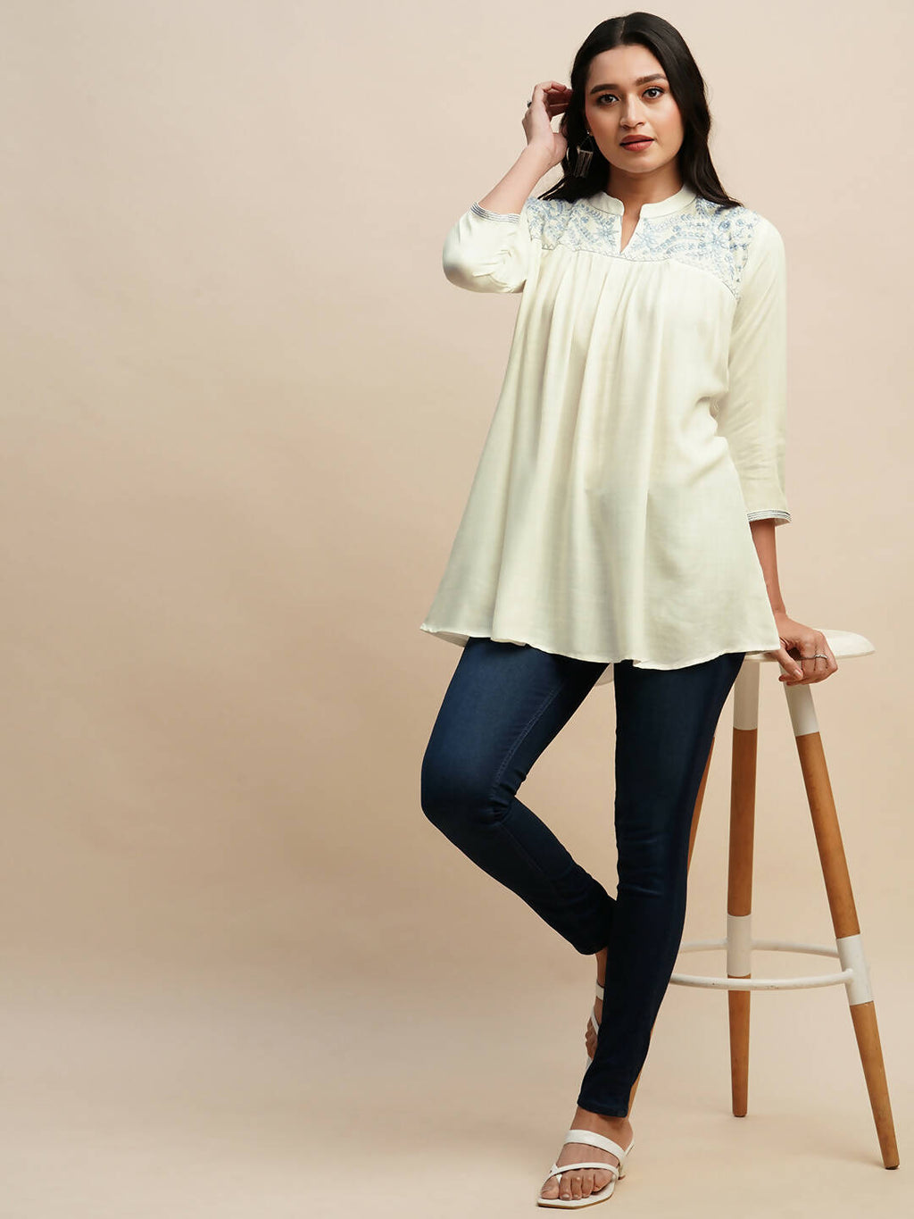 White Rayon Embroidered Top - Tarini