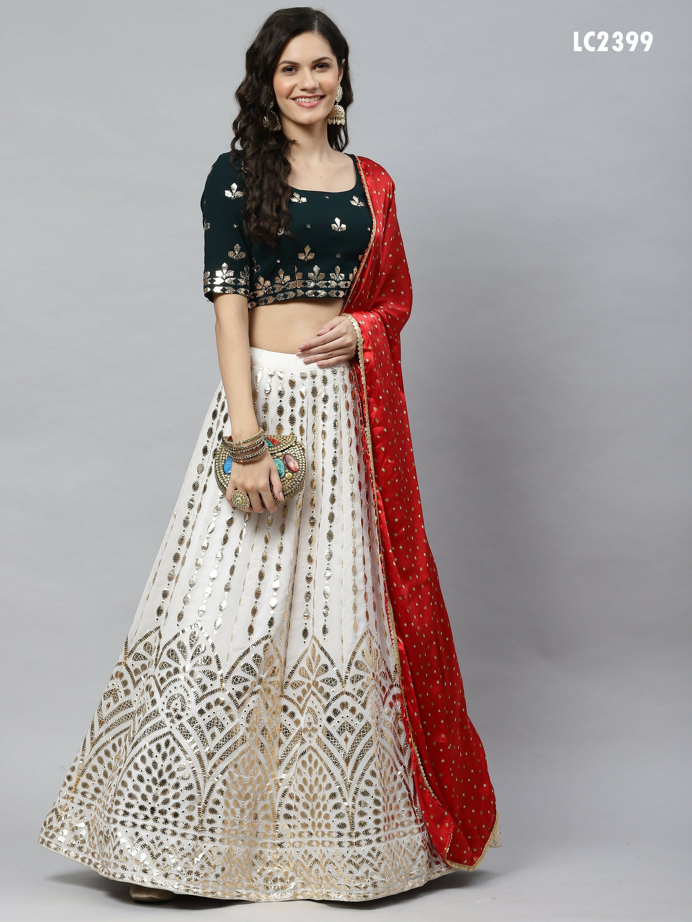 White Georgette Paper Mirror Embroidery Work Lehenga Choli with Dupatta - Jivika