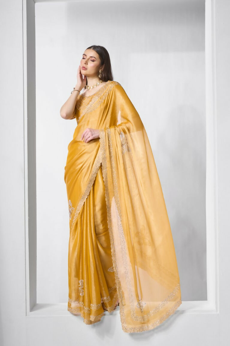Yellow Burburry silk Swarovski Designer Work Saree - Shezlin