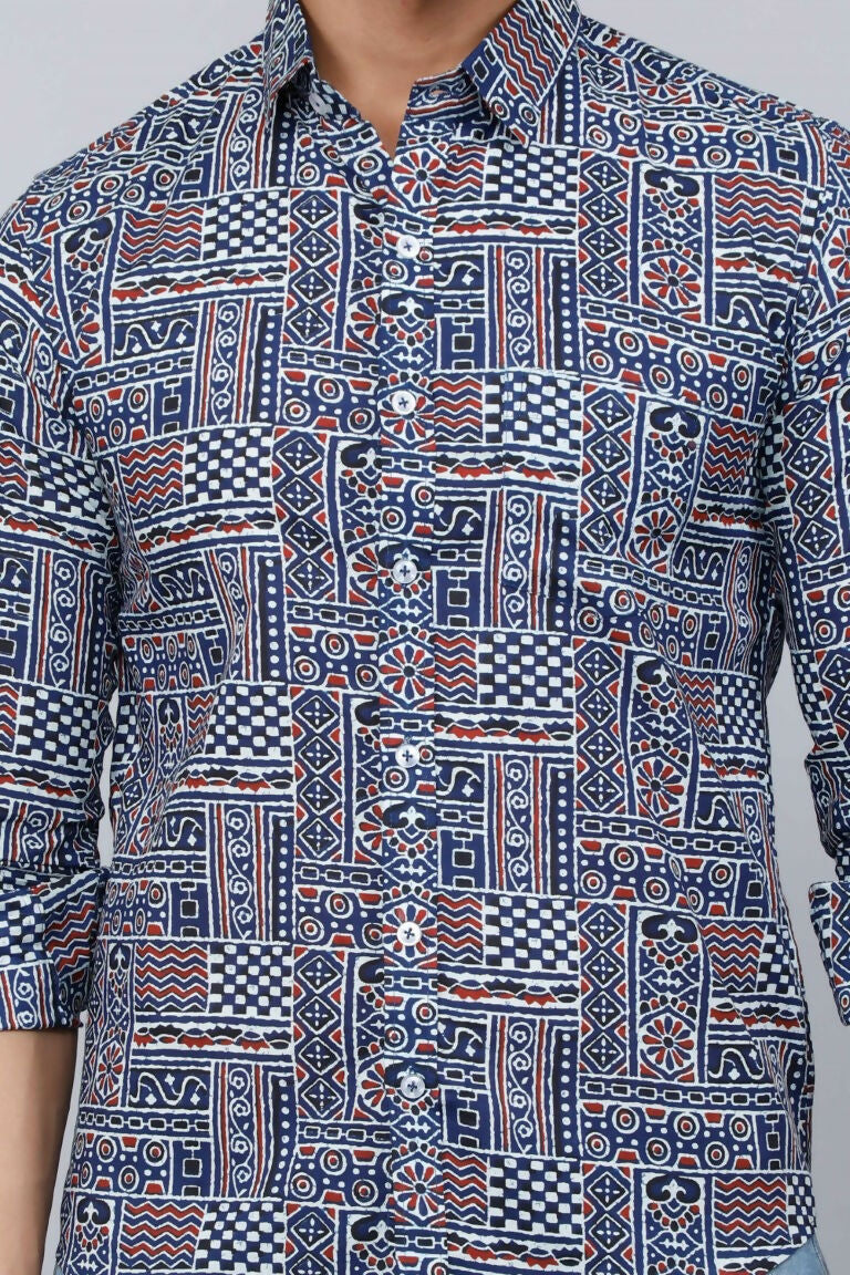 Miravan Men's Blue Floral Print Long Sleeve Casual Shirt