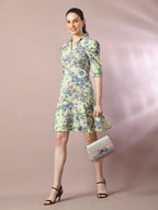 Myshka Women's Green Printed Shirt Collar Fit and Flare Party Dress - Distacart