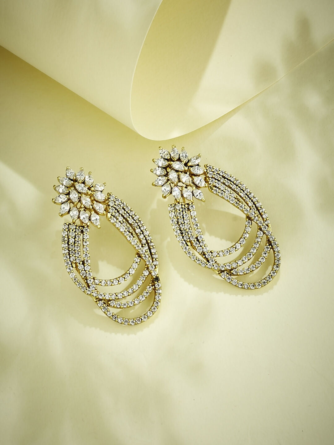 Nuyug 22K Gold-Plated Floral Motif Zircon Stone Studded Teardrop Shaped Elegant Drop Dangler Earrings - Distacart