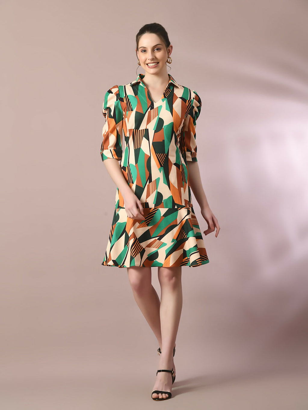 Myshka Women's Multi Printed Shirt Collar Fit and Flare Party Dress - Distacart