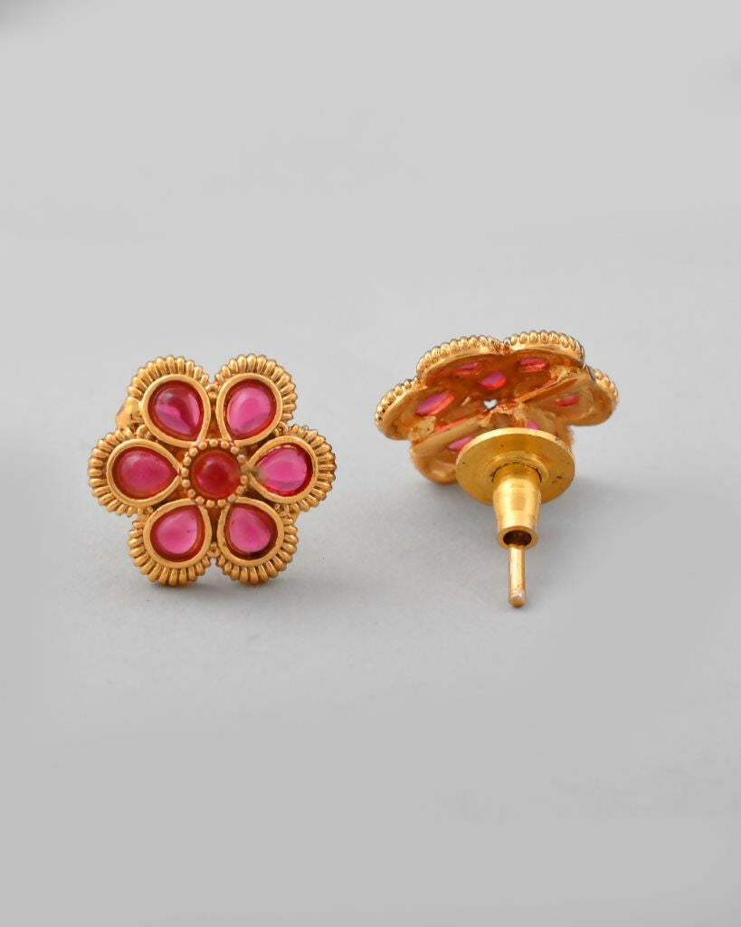 VOJ Gold-Polished Flower Shaped Ruby Stone Studded Jewellery Set