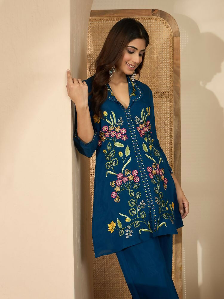 Joban Fashion Women Blue Roman Silk Embroidered Stitched Kurta Set - Distacart