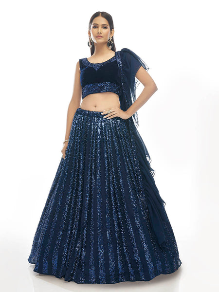 Myra Navy Blue Velvet Embroidered Designer Lehenga