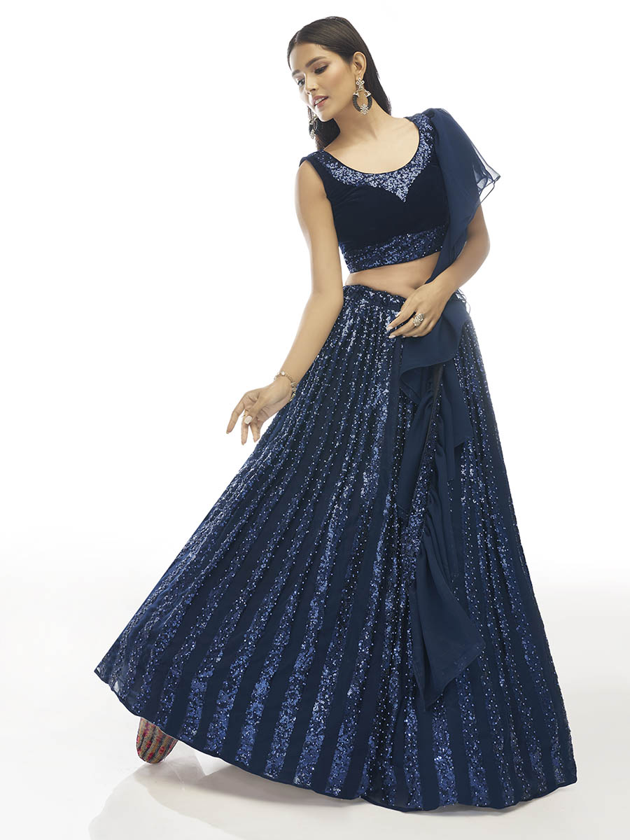 Myra Navy Blue Velvet Embroidered Designer Lehenga