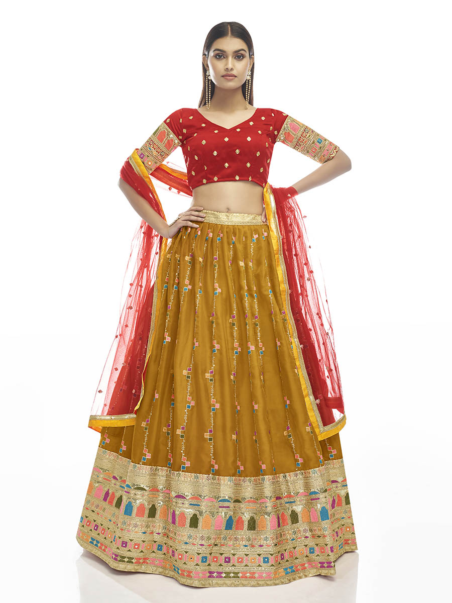Myra Musturd Satin Georgette Embroidered Designer Lehenga