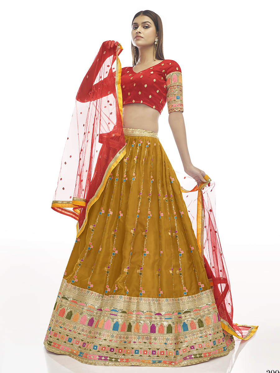 Myra Musturd Satin Georgette Embroidered Designer Lehenga