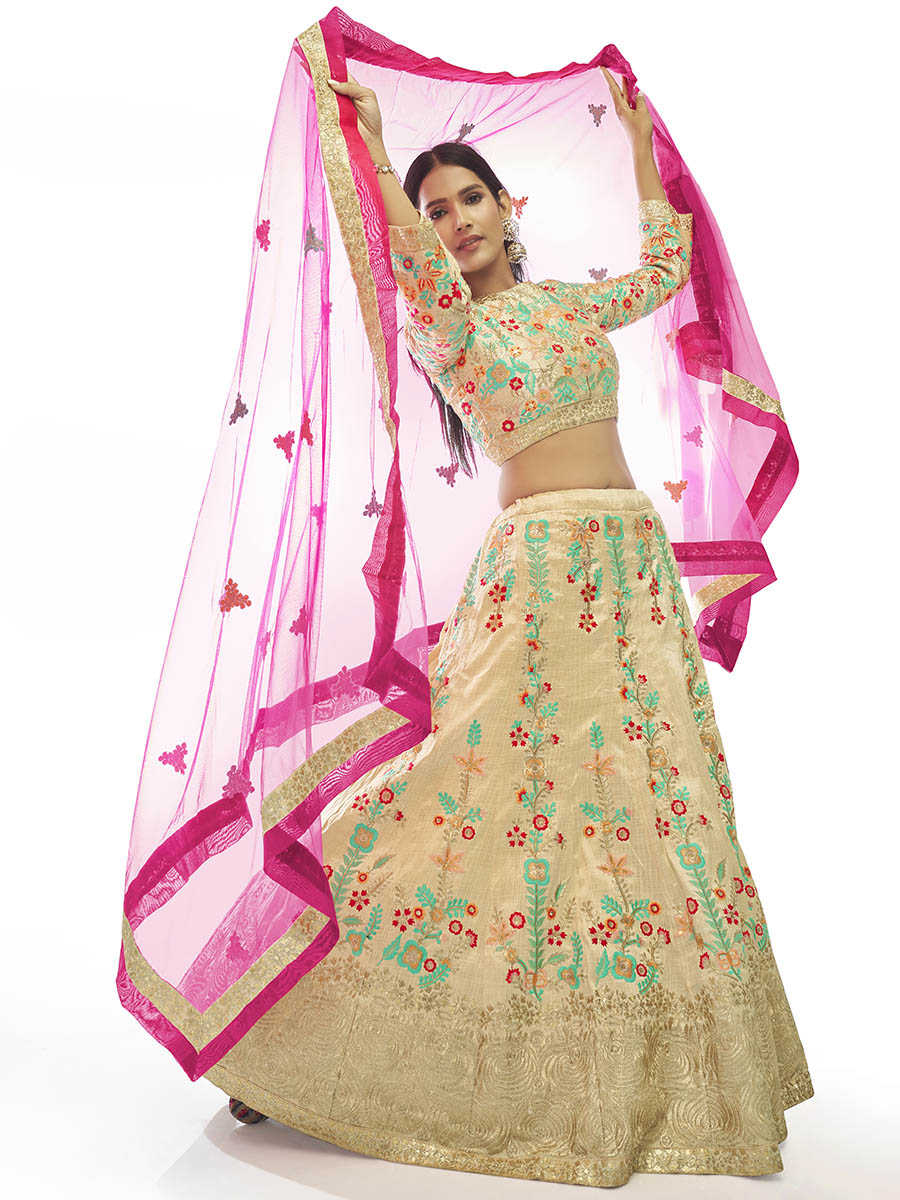 Myra Cream Art Silk Embroidered Designer Lehenga