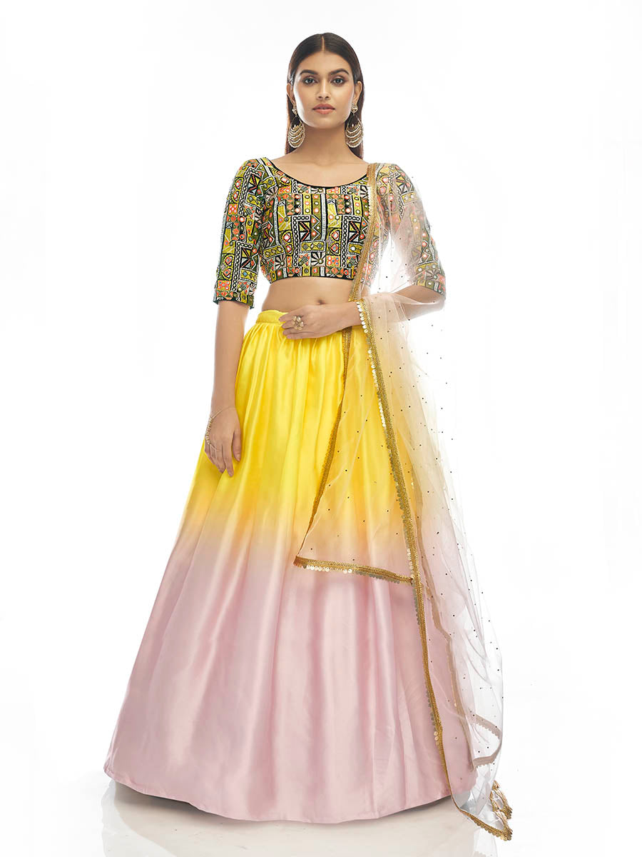 Myra Multicolour Satin Georgette Embroidered Designer Lehenga