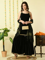 Myshka Women's Black Velvet Kurti & Sharara With Dupatta Party Sets