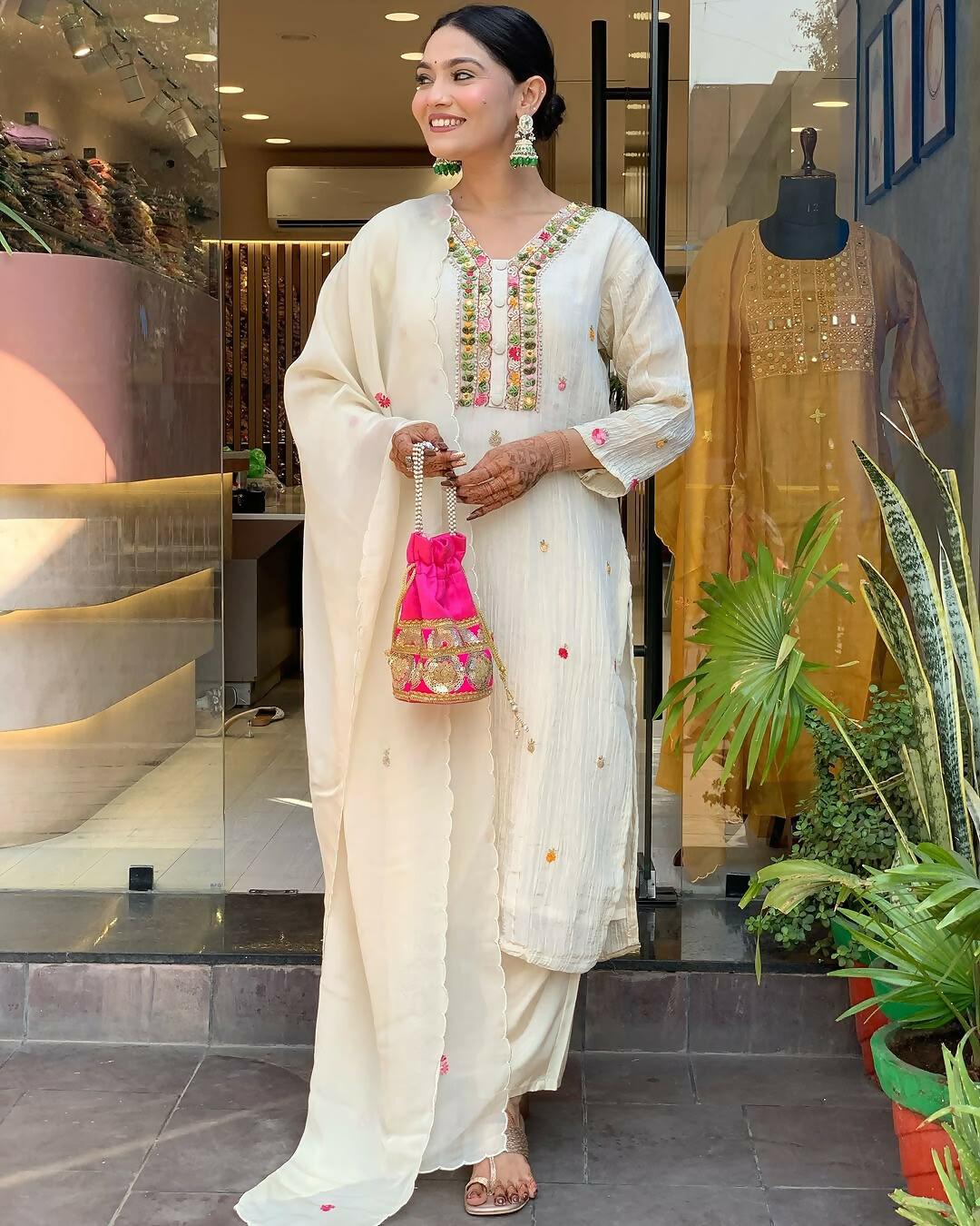 The52 Off White Women's Gorgeous Chinon Fabric Embroidered Work Straight Kurta Pant and Dupatta Set - Distacart