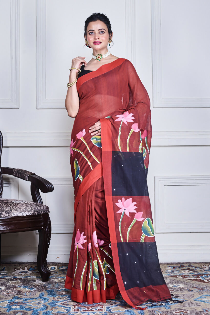 Morchari Multicolour Cotton Handloom Mirror Work Saree Unstitched Blouse - Distacart