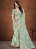 Sea Green Banarsi Crush Silk Embroidered Saree with stitched Blouse - Mohmanthan Saha Saki