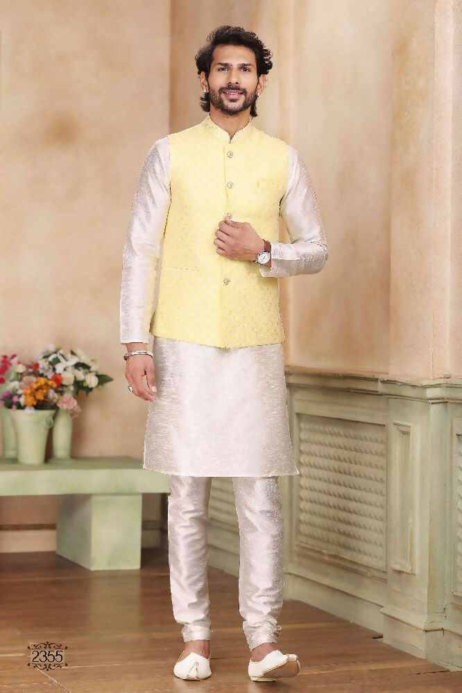 Raivat Ethnic Jacquard Banarasi Silk Woven Work 3 Pics Jacket Set In Yellow Colour - Distacart