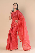 Very Much Indian Handloom Cotton Silk Maheshwari Saree With Sleek Golden Border - Red