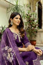 The52 Wine Women's Beautiful Viscose Chanderi Fabric Thread Work Straight Kurta Pant and Dupatta Set - Distacart