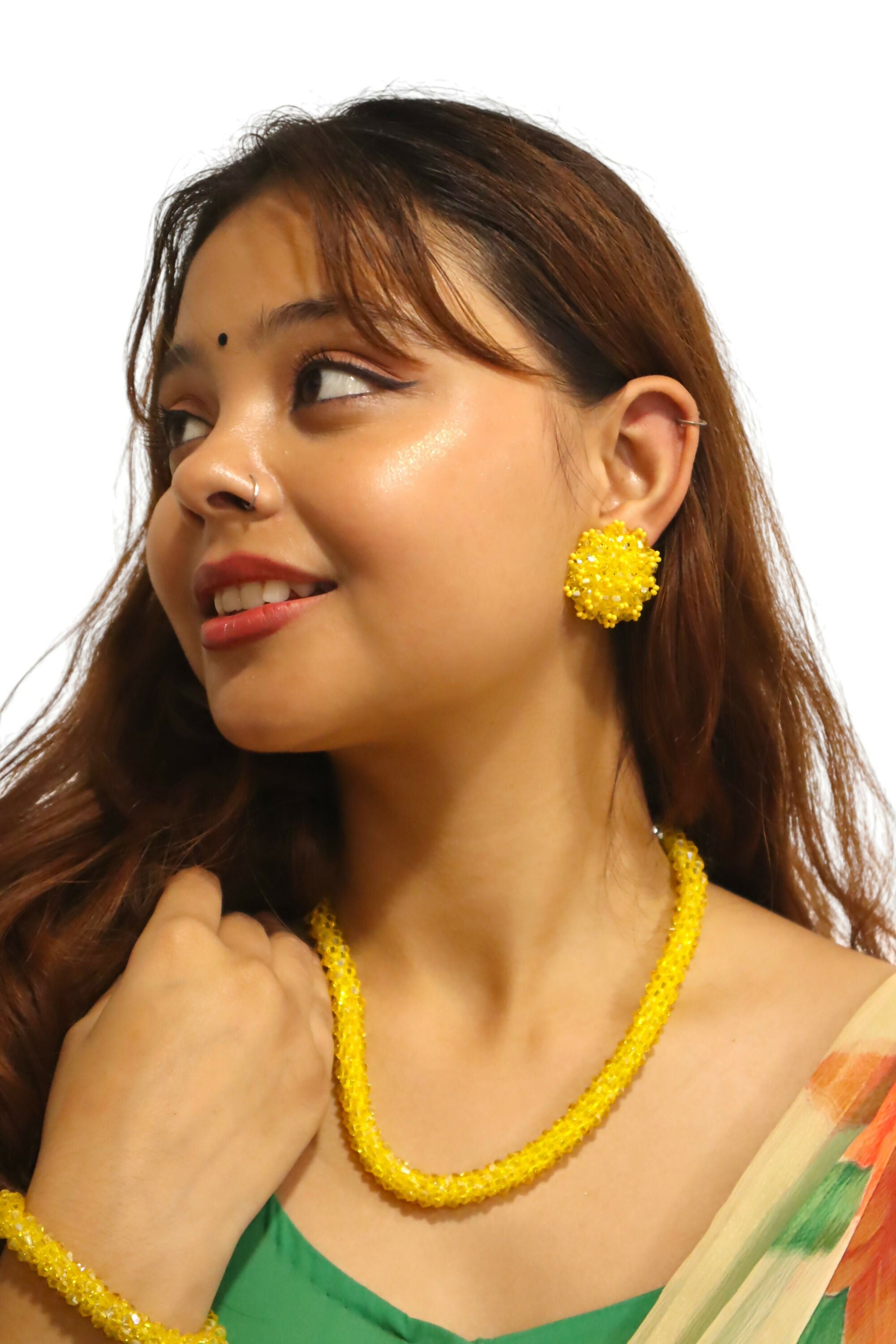 Inhanns Complete Look Crystal Statement 3-Piece Set (Adjustable Necklace + Earrings + Adjustable Bangle ) - Yellow