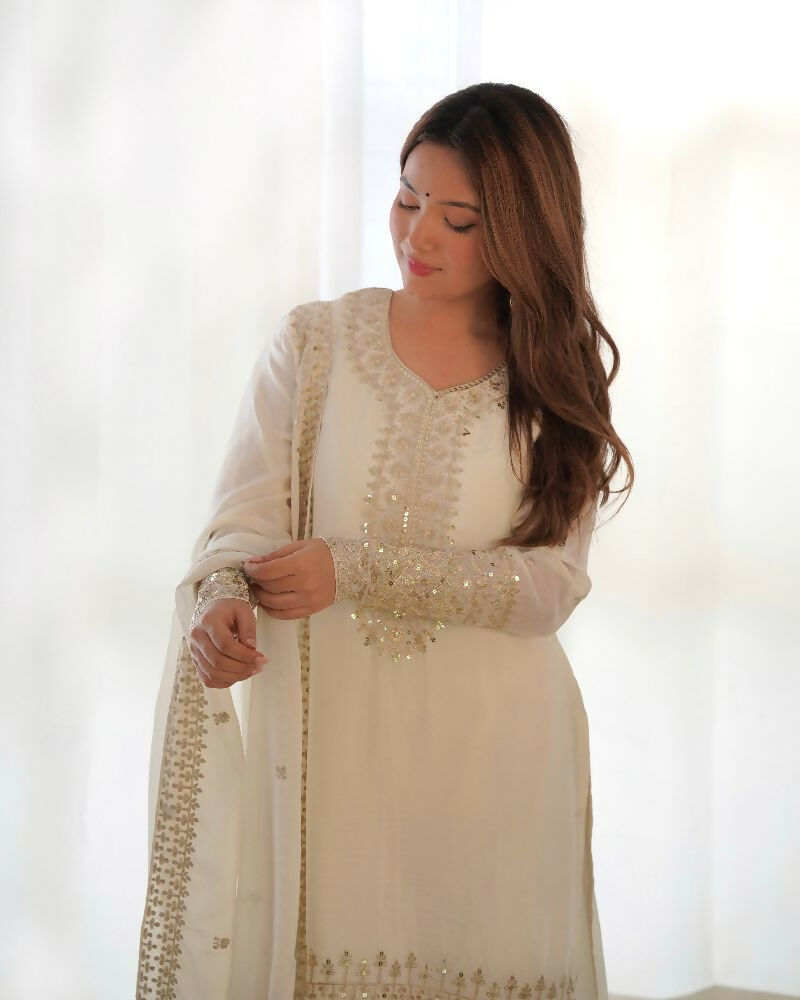 Joban Fashion White Kurta Set Silk Sequence Embroidery Work - Distacart