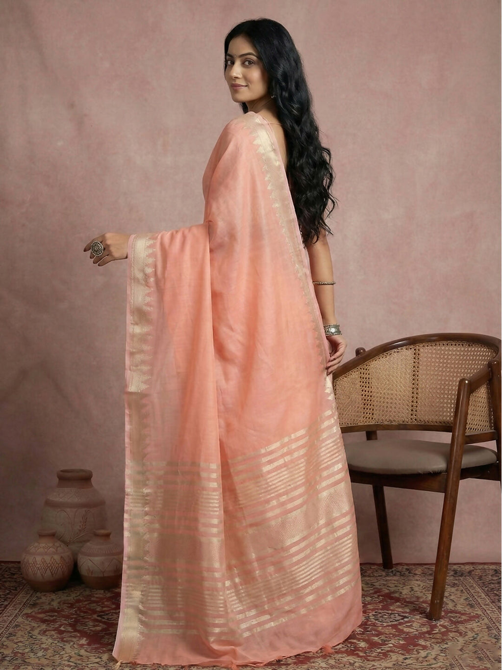 Shree Shyam Fashion Peach Cotton Saree - Distacart