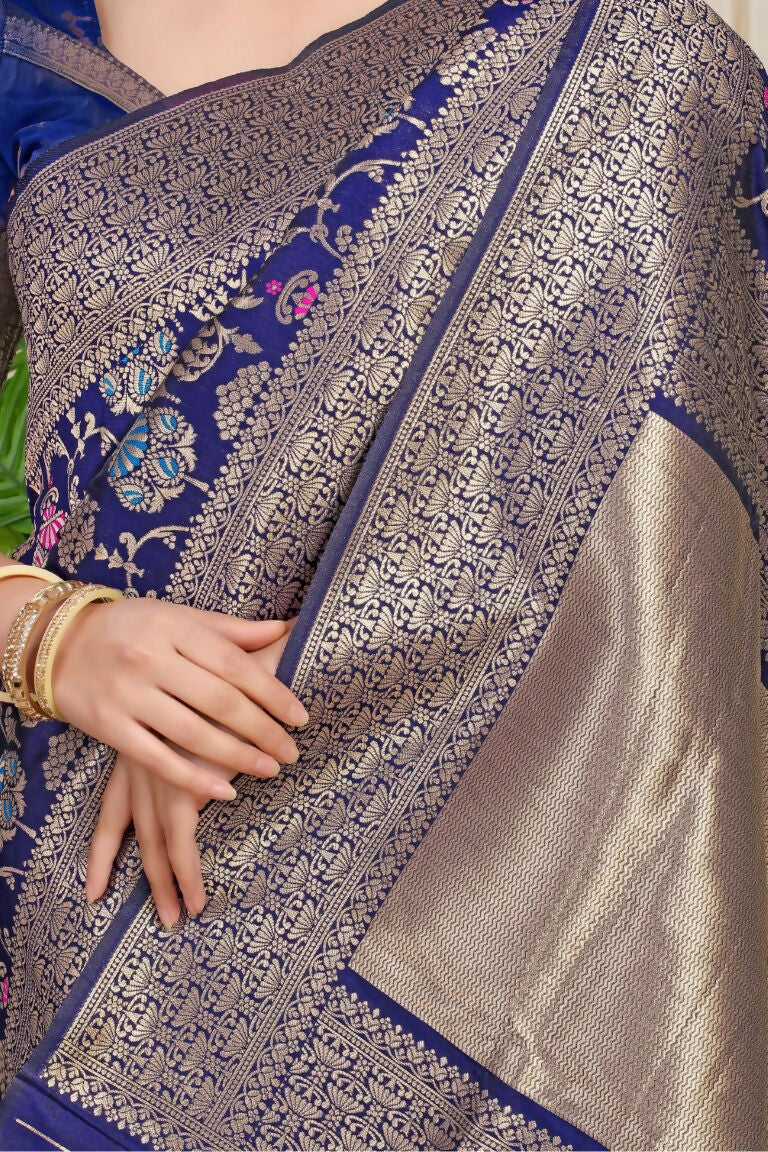 Jyoti Fashion Women's Navy Blue Kanjivaram Silk Zari Woven Saree with Blouse - Distacart