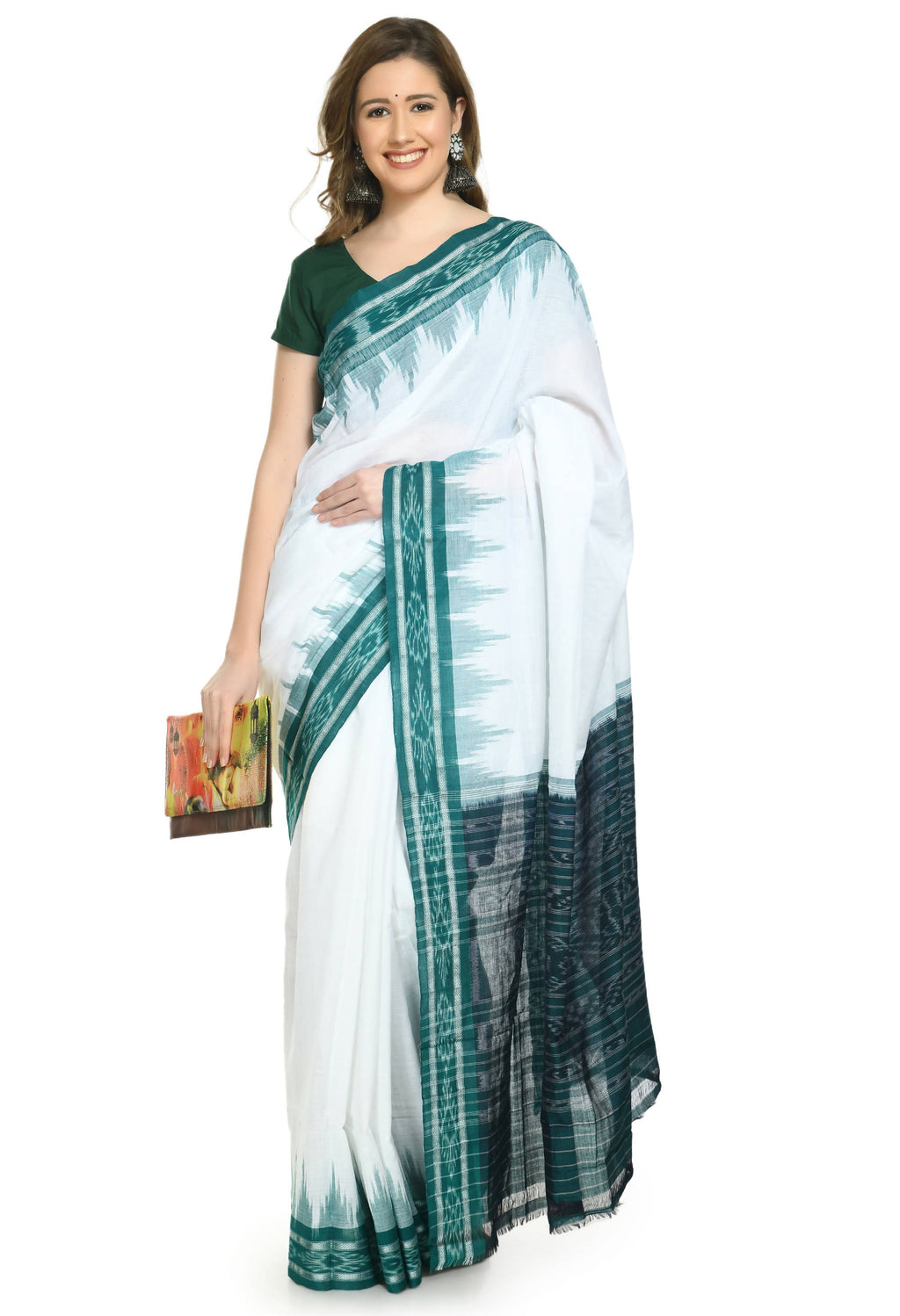 Vamika Sambalpuri Ikat Cotton Plane Kunbha White & Green Saree - Distacart