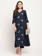 Ahalyaa Women's Navy Blue Rayon Foil & Khari Print Kurta Trouser Set