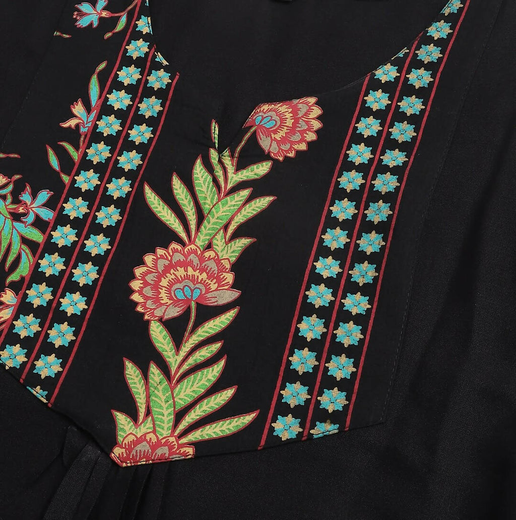 Black Poly Cotton Yoke Printed A-line Top - Bosky