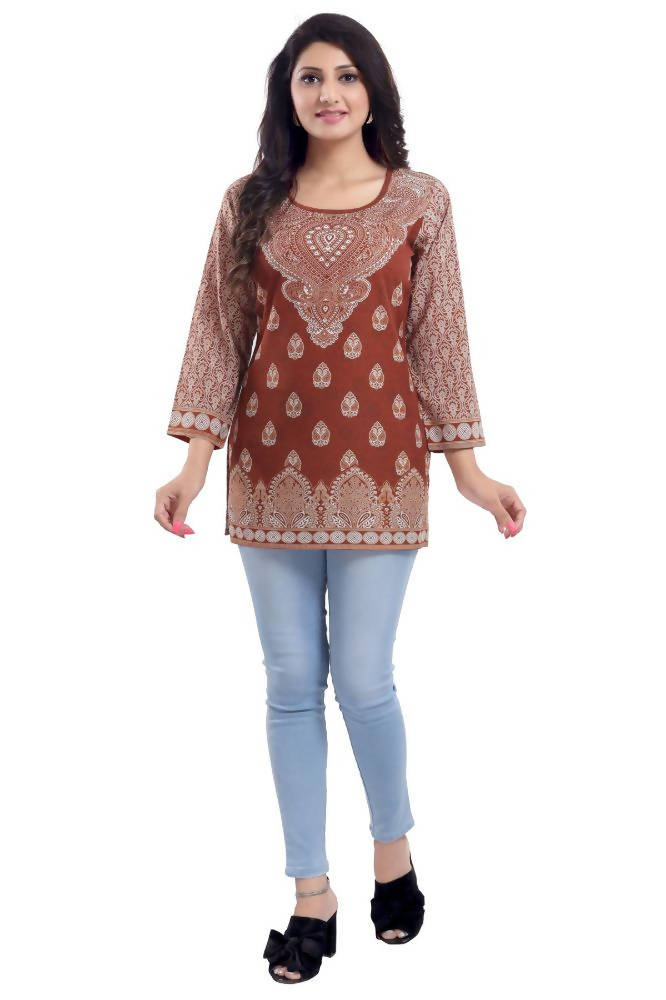Snehal Creations Faux Crepe Rust Short Kurti Tunic Top