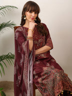 Embroidered & Printed Kurta With Palazzo & Printed Dupatta, Maroon - Hiral Fashion - Distacart