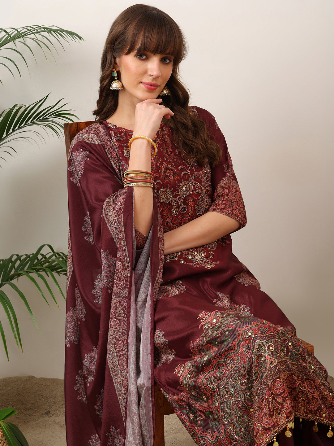 Embroidered & Printed Kurta With Palazzo & Printed Dupatta, Maroon - Hiral Fashion - Distacart