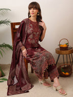 Embroidered & Printed Kurta With Palazzo & Printed Dupatta, Maroon - Hiral Fashion - Distacart