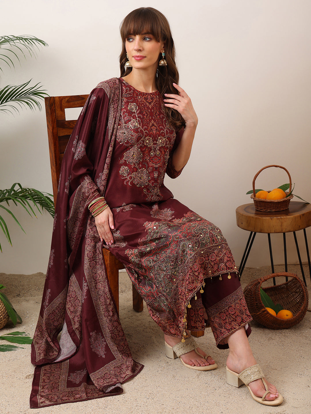 Embroidered & Printed Kurta With Palazzo & Printed Dupatta, Maroon - Hiral Fashion - Distacart