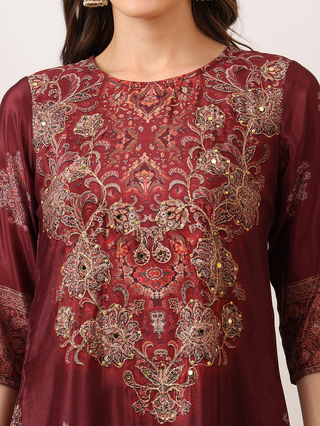 Embroidered & Printed Kurta With Palazzo & Printed Dupatta, Maroon - Hiral Fashion - Distacart