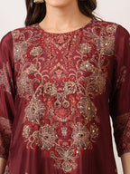 Embroidered & Printed Kurta With Palazzo & Printed Dupatta, Maroon - Hiral Fashion - Distacart
