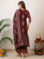 Embroidered & Printed Kurta With Palazzo & Printed Dupatta, Maroon - Hiral Fashion - Distacart