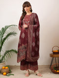 Embroidered & Printed Kurta With Palazzo & Printed Dupatta, Maroon - Hiral Fashion - Distacart