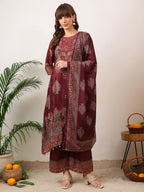 Embroidered & Printed Kurta With Palazzo & Printed Dupatta, Maroon - Hiral Fashion - Distacart