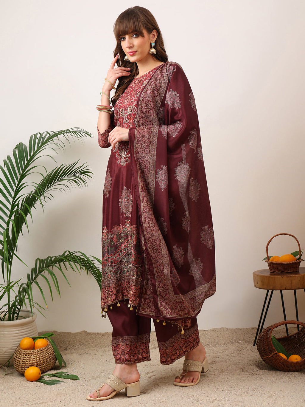 Embroidered & Printed Kurta With Palazzo & Printed Dupatta, Maroon - Hiral Fashion - Distacart